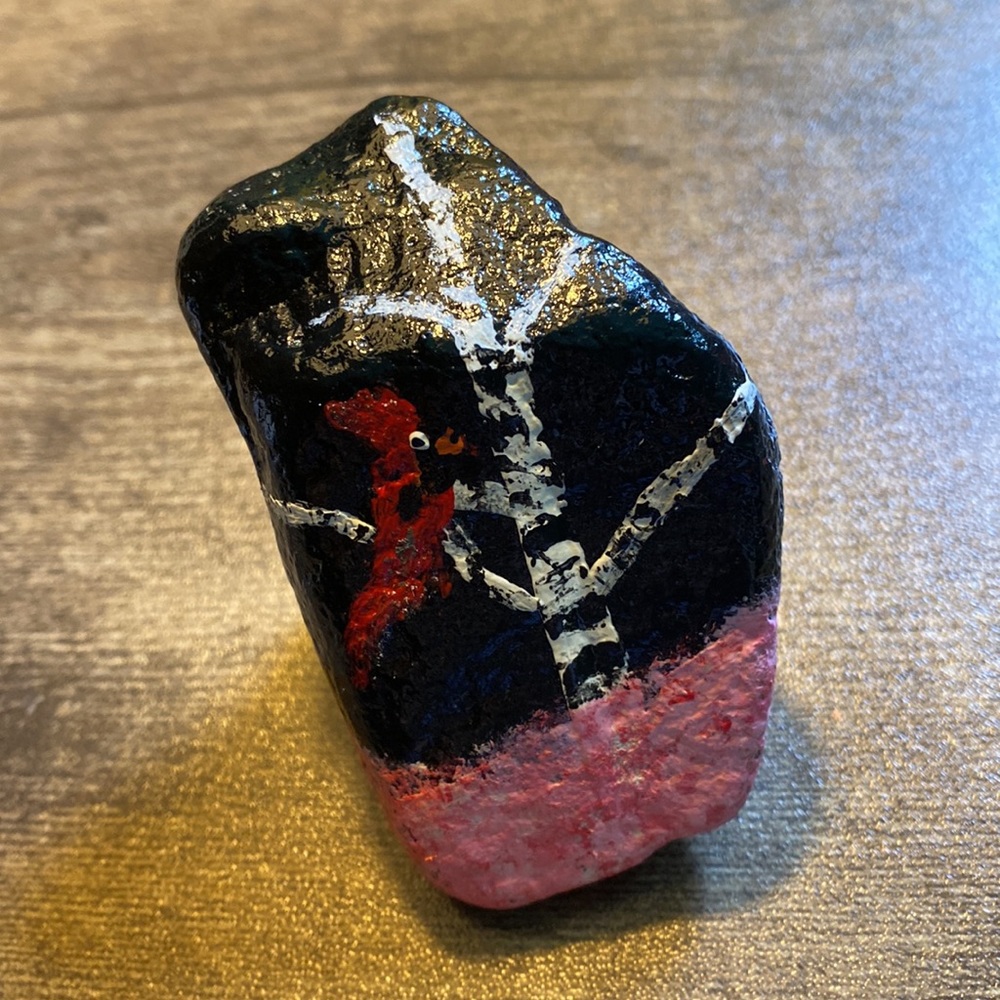 CARDINAL on birch tree hand crafted painted stone garden rock home decor - Picture 1 of 7